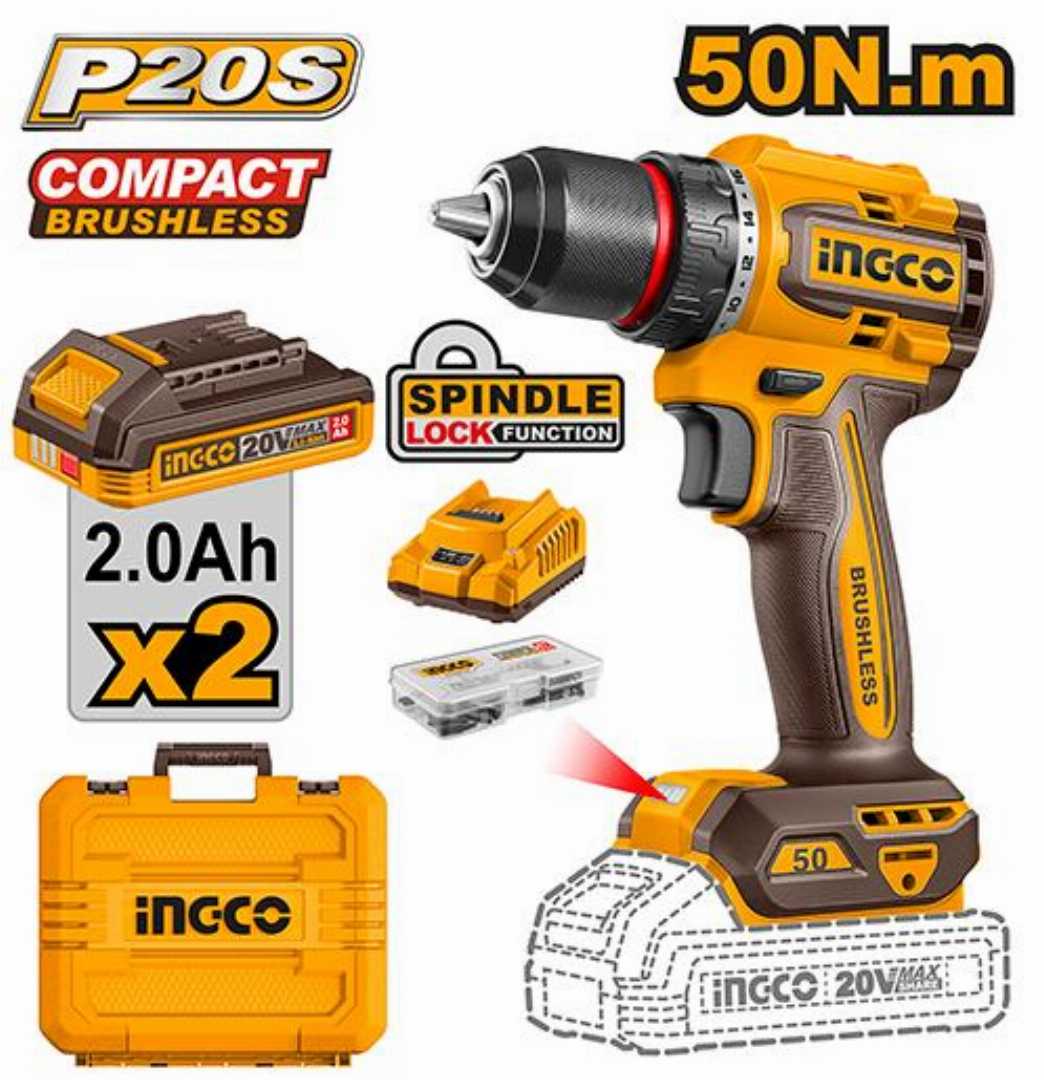 Buy INGCO CDLI205062 20V Compact Brushless Cordless Drill with 50Nm torque, 13mm metal chuck, 2-speed gearbox, 2×2.0Ah lithium batteries, charger and 47-piece accessories. Ideal for professional and DIY drilling & screw driving.