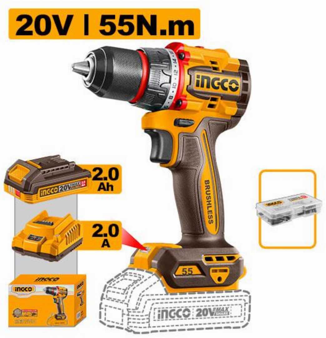 Buy INGCO CDLI205582 20V Compact Brushless Cordless Drill with 55Nm torque, 13mm metal chuck, 2-speed gearbox, 2.0Ah lithium battery, charger and 47-piece accessories. Perfect for drilling and screw driving in wood, metal and plastic.