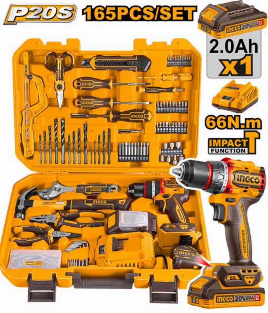 Buy INGCO HKTHP11651 20V Brushless Cordless Impact Drill with 165-piece professional tool set. Includes 66Nm impact drill, 2.0Ah battery, fast charger, hand tools, drill bits and heavy-duty carrying case. Perfect for home, workshop and professional use.