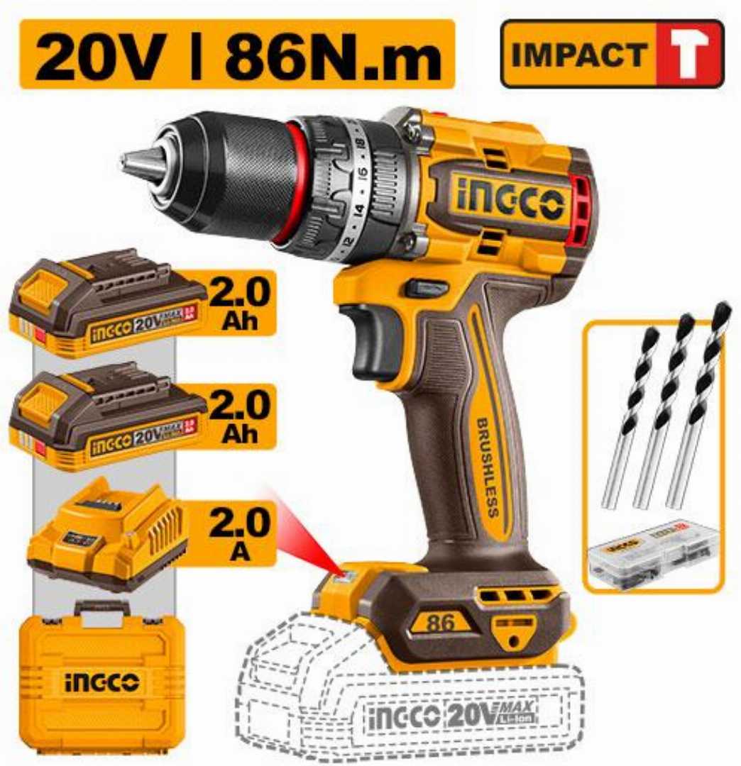 Buy INGCO CIDLI208687 20V Brushless Cordless Impact Drill with 86Nm torque, 13mm metal chuck, 30,000 BPM impact rate, 2×2.0Ah lithium batteries, fast charger, 47-piece accessory kit and carrying case. Perfect for drilling wood, metal, brick and concrete.