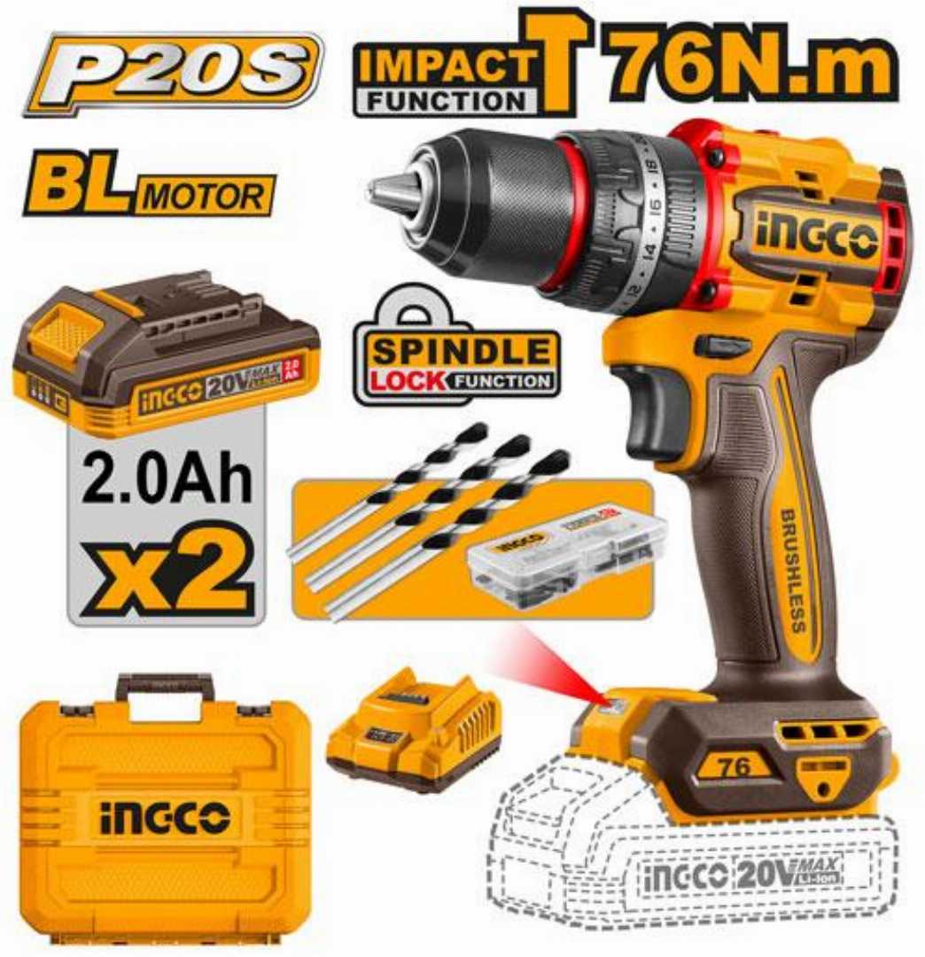 Buy INGCO CIDLI20768 20V Brushless Cordless Impact Drill with 76Nm max torque, 13mm metal keyless chuck, 30,000 BPM impact rate, dual 2.0Ah batteries, fast charger, 47 accessories and carrying case. Ideal for drilling wood, metal, brick and concrete.