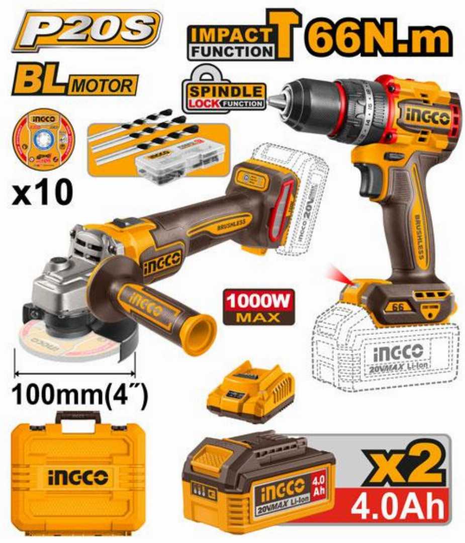 INGCO,20V,Cordless,2,pcs,combo,kit-angle,grinder,&,Impact,Drill-CKLI2027310