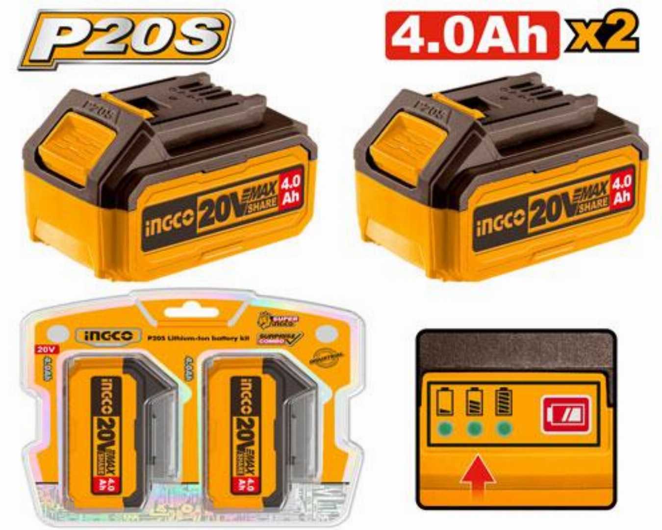 INGCO,20V,P20S,Lithium-Ion,battery,kit,2pcs,Pack-COSLI240312