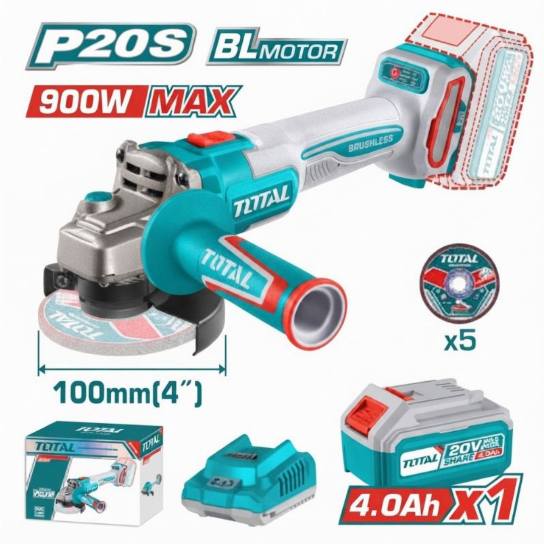 Total,20v,P20S,Brushless,Lithium-Ion,Cordless,Angle,Grinder,100mm,(4inch),[With,Battery,&,Charger]