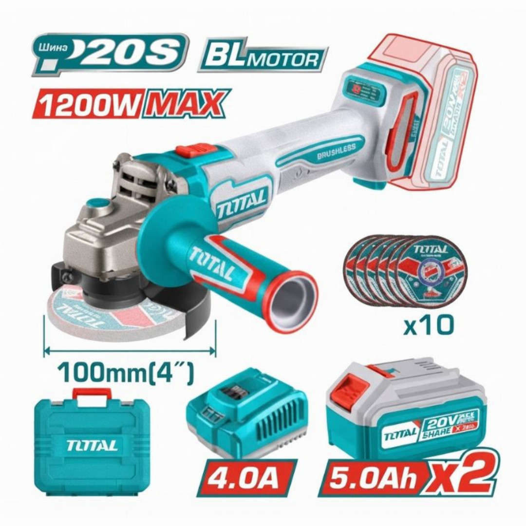 Total,20v,P20S,Brushless,Lithium-Ion,Cordless,Angle,Grinder,100mm,(4inch),[Complete,Kit,with,2,Batteries,&,Charger]