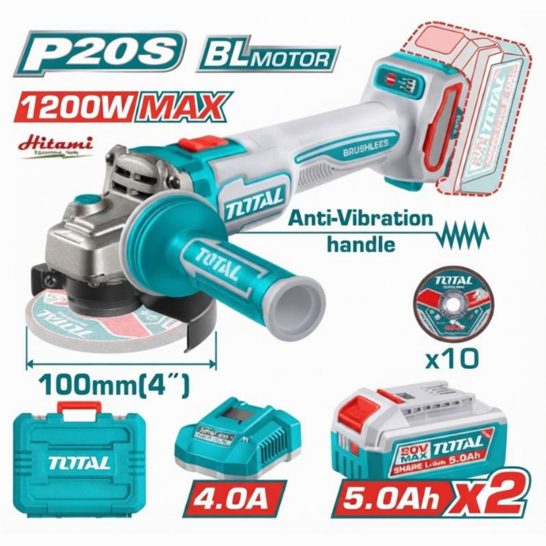 Total,20v,P20S,Brushless,Lithium-Ion,Cordless,Angle,Grinder,100mm,(4inch),with,Anti-Vibration,Handle,[Complete,Kit]-TAGLI2120232