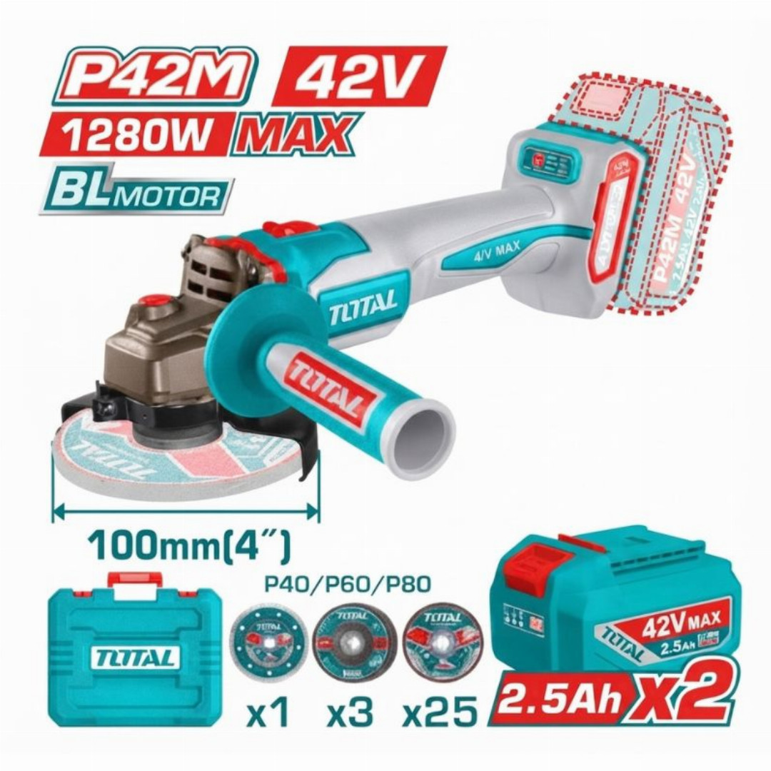 Total,P42M,Brushless,Lithium-Ion,Cordless,Angle,Grinder,100mm,(4inch),[42V,Max,Complete,Kit]