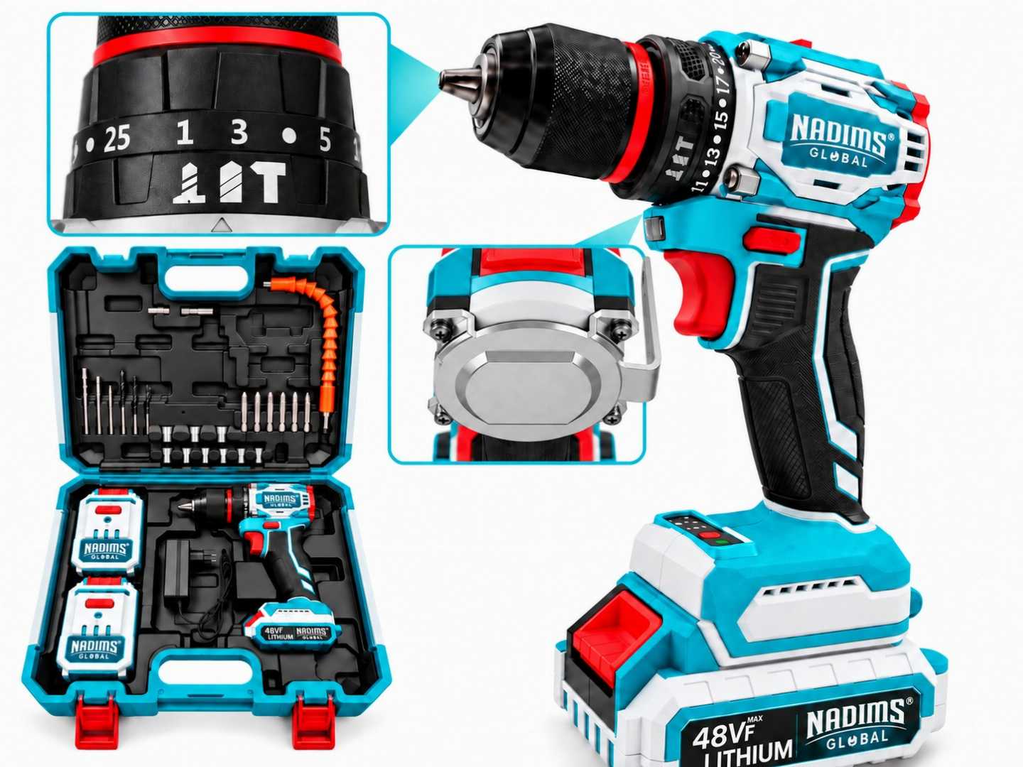 NADIMS,GLOBAL,48VF,Max,Lithium,Cordless,Drill,&,Tool,Kit,(Complete,Set)