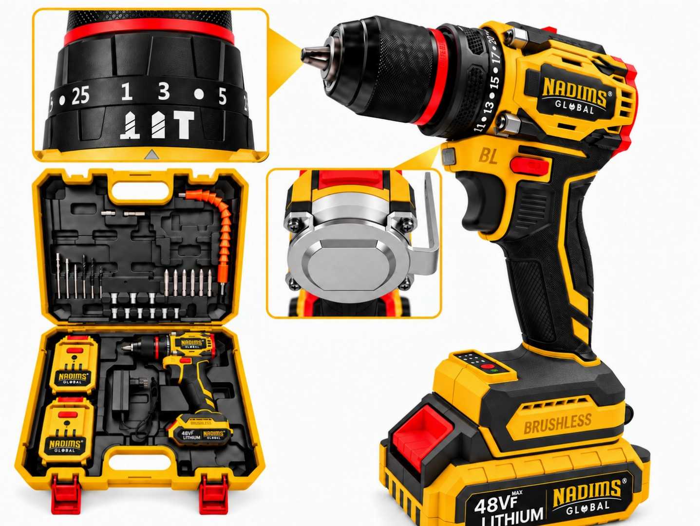 NADIMS,GLOBAL,48VF,Max,Lithium,Cordless,Drill,&,Tool,Kit,(Complete,Set)